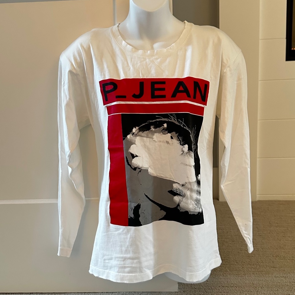 P JEAN Long-Sleeve Oversized Graphic Tee with Shoulder Pads Sz XS NWT